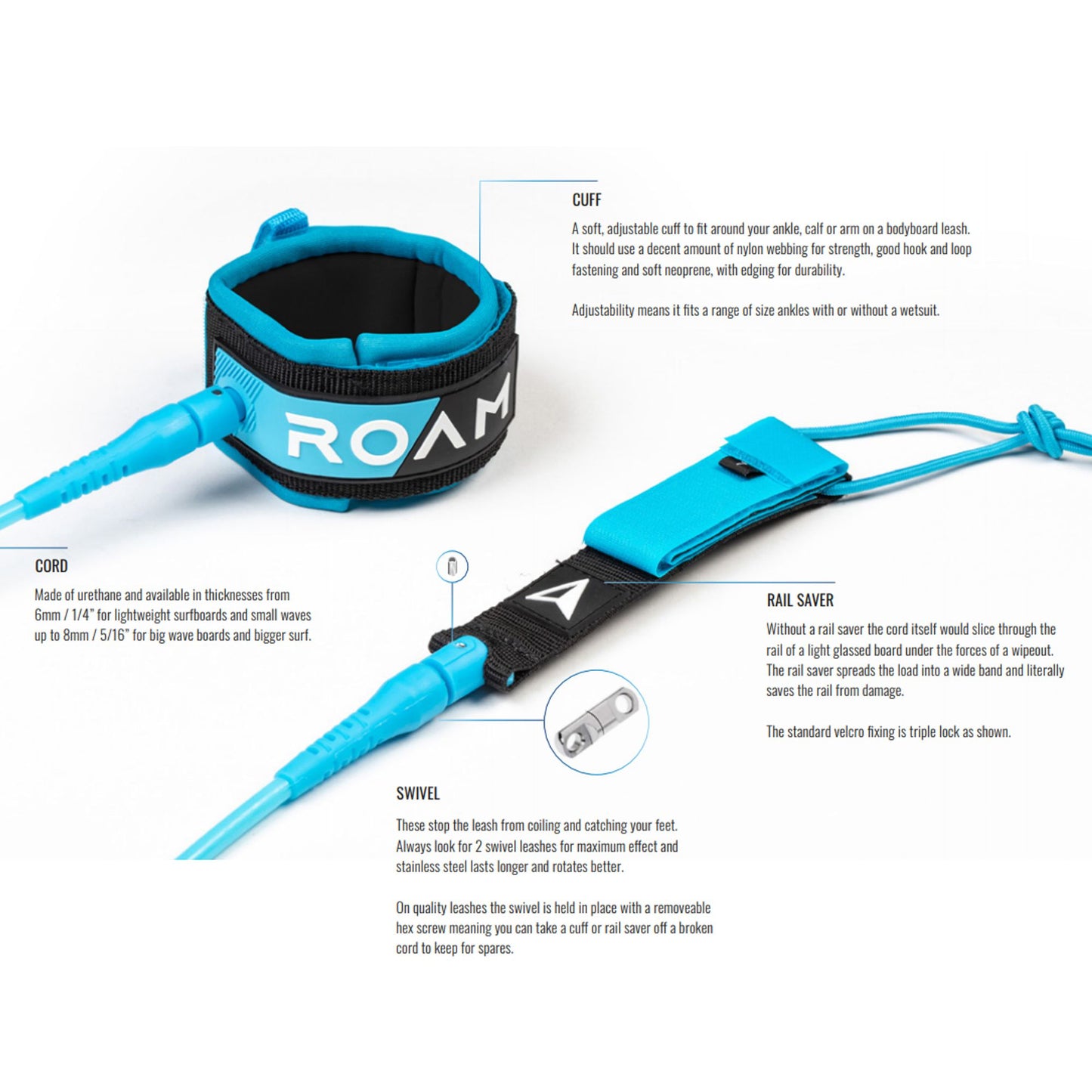 ROAM Surfboard Leash Premium 8.0 244cm 7mm Blau