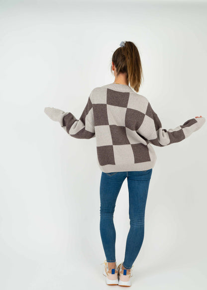 Strick-Sweater KARO OysterGrey/Schokolade